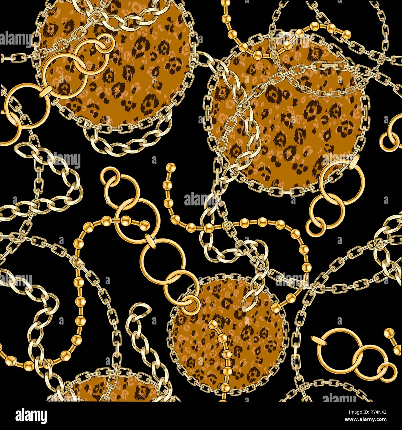 Motif transparent noir avec chaîne d'or et de peau animale contexte pour le tissu. Répéter la mode leopard print. Illustration de Vecteur