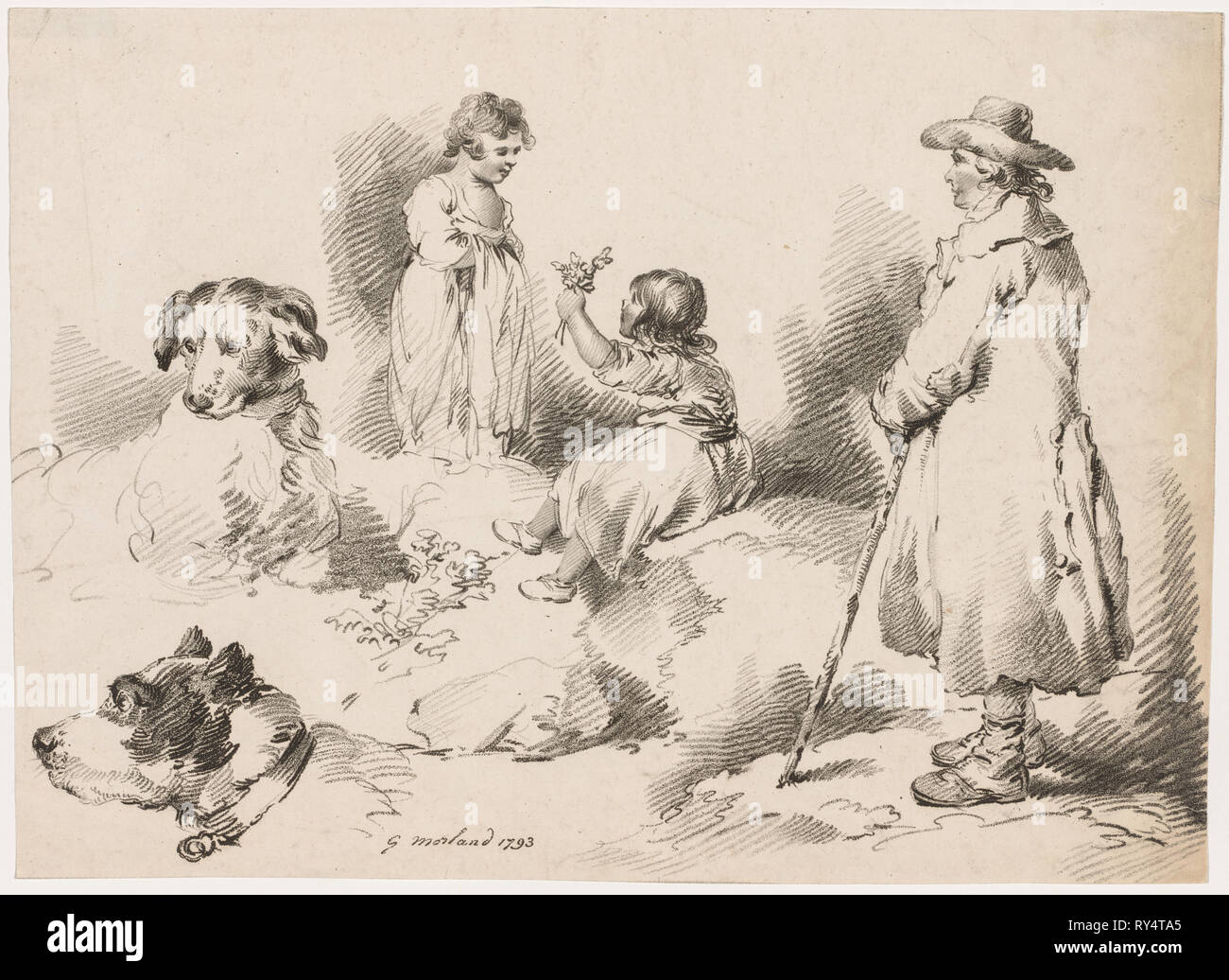 Études des enfants (deux petites filles) ; deux chiens ; un homme, 1793. Après George Morland (britannique, 1763-1804), J. Harris, Gerrard Street, Soho, Londres. La gravure manière craie ; papier : 31,8 x 44,5 cm (12 1/2 x 17 1/2 po Banque D'Images