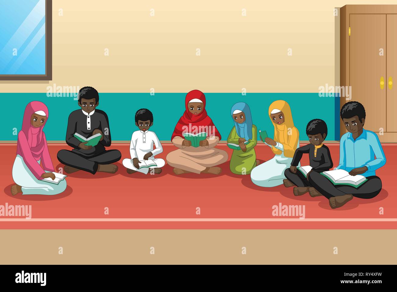 Un vecteur illustration de l'étude de la famille africaine musulmane Coran Ensemble Illustration de Vecteur