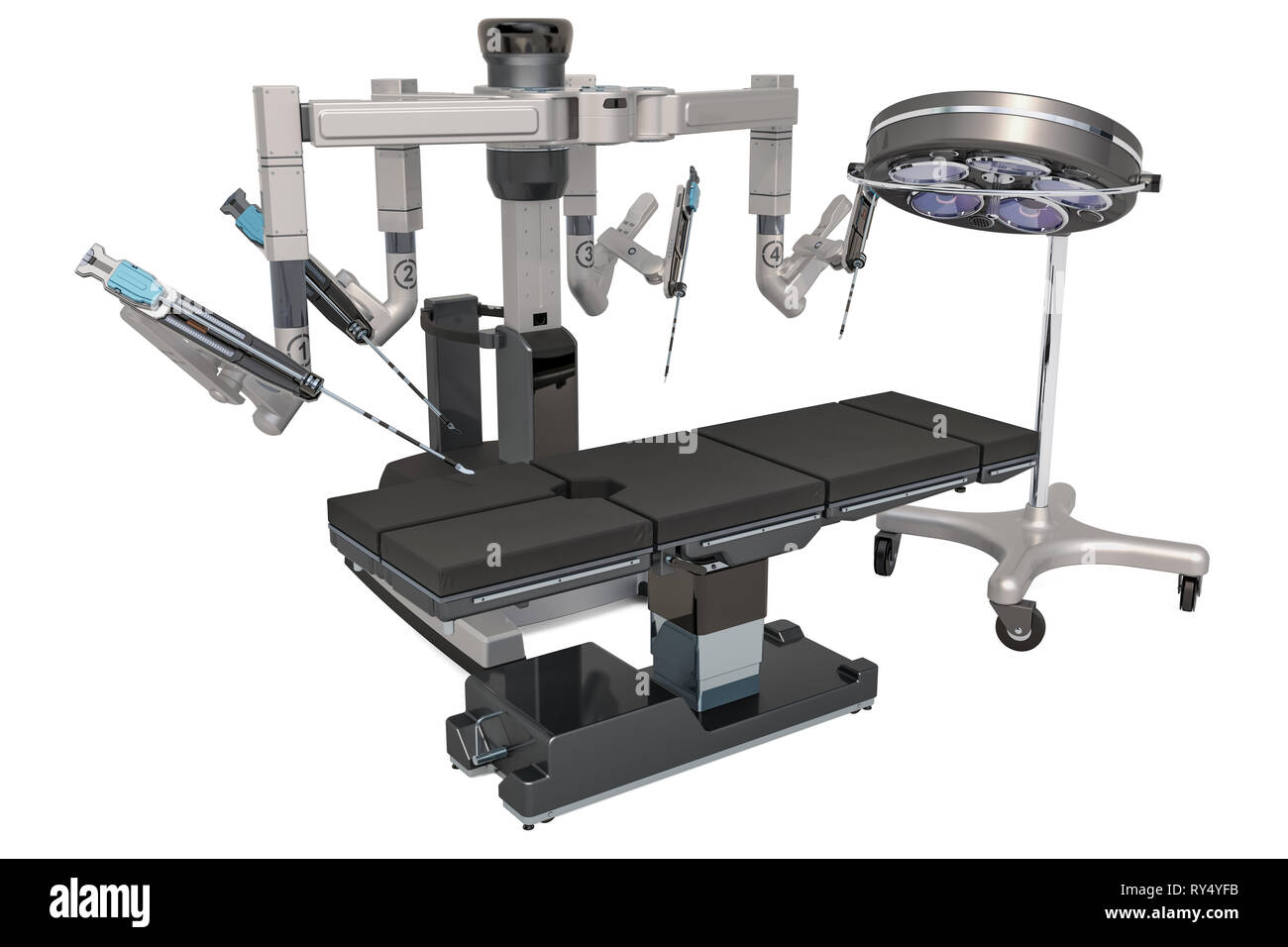 Système chirurgical robotique chirurgicale avec lumière et table d'opération, rendu 3D isolé sur fond blanc Banque D'Images