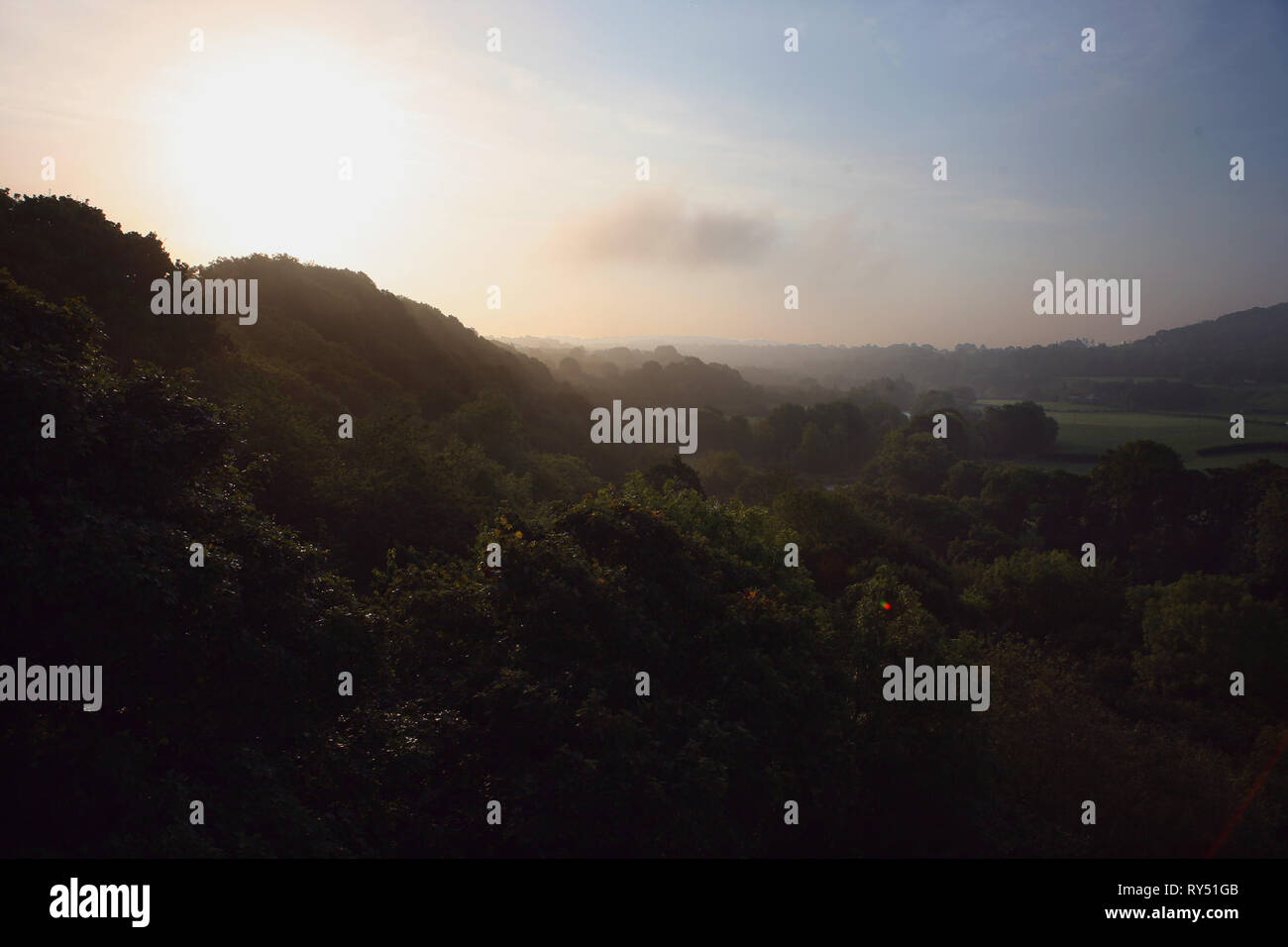 Vue depuis le pont-canal de Pontcysyllte : un matin brumeux sur Jeffrey's Wood et la vallée de la Dee, vallée de Llangollen, Wrexham, Wales Banque D'Images