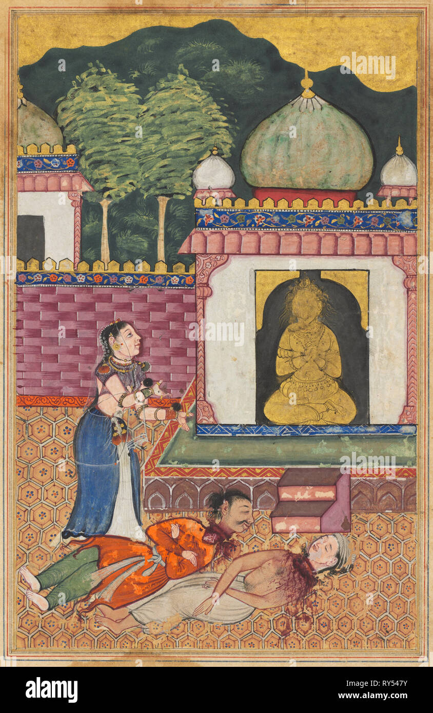 La page de contes d'un perroquet (Tuti-nama) : trente-quatrième nuit : La princesse découvre les cadavres, avec tête coupée de son mari et son ami Brahmane, ch. 1560. L'Inde, l'Empire moghol, règne d'Akbar, 16ème siècle. Aquarelle opaque et d'or sur papier Banque D'Images