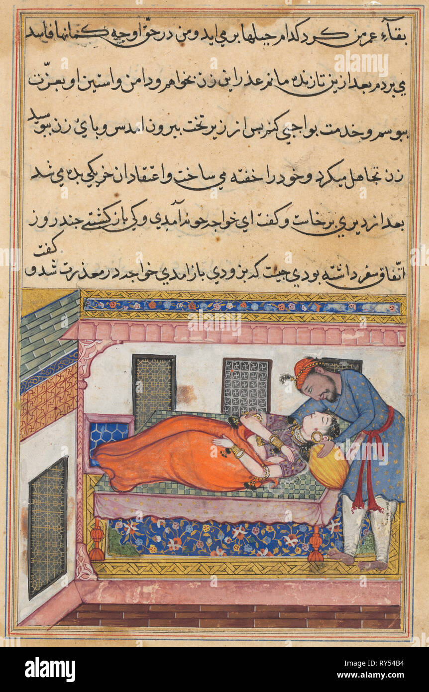 La page de contes d'un perroquet (Tuti-nama) : 40e nuit : le mari d'Shahr-Arai se penche pour embrasser sa femme qui feint le sommeil, c. 1560. L'Inde, l'Empire moghol, règne d'Akbar, 16ème siècle. L'aquarelle, l'encre opaque et d'or sur papier Banque D'Images
