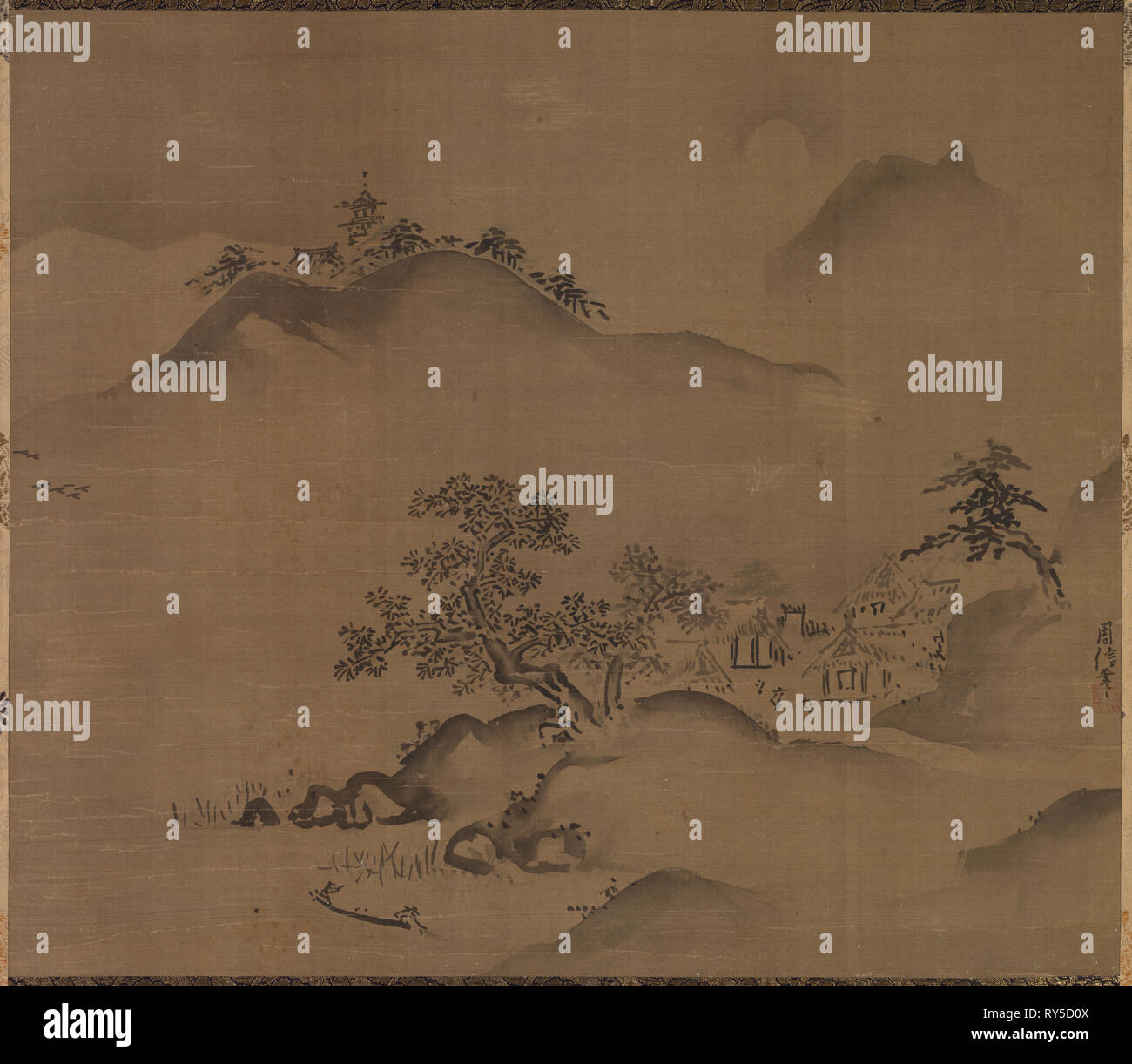 Paysage. Kano Chikanobu (japonais, 1660-1728). Défilement pendaison ; l'encre et couleurs légères sur soie ; total : 46,5 x 53,5 cm (18 x 21 5/16 1/16 in Banque D'Images