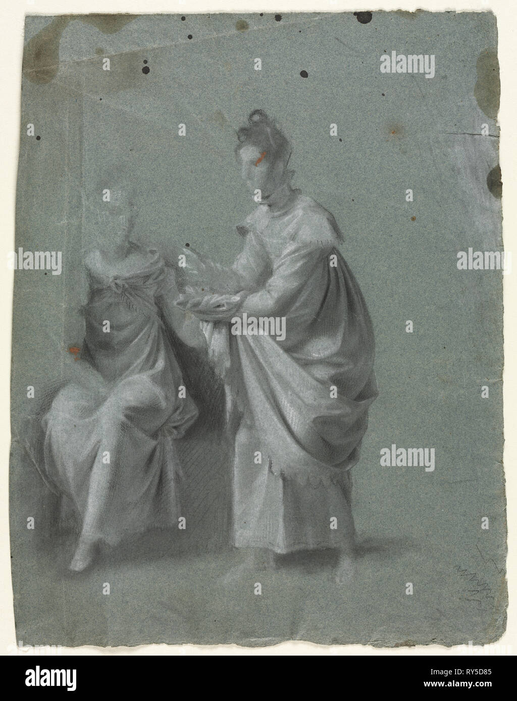 Deux femmes, des années 1800. Anonyme, cercle de Pierre-Paul Prud'hon (Français, 1758-1823). Craie noire rehaussée de craie blanche, avec deux taches de dessouchage (avec de l'encre noire et peinture marron, sans rapport avec la composition) ; feuille : 29,8 x 23,4 cm (11 3/4 x 9 3/16 in Banque D'Images