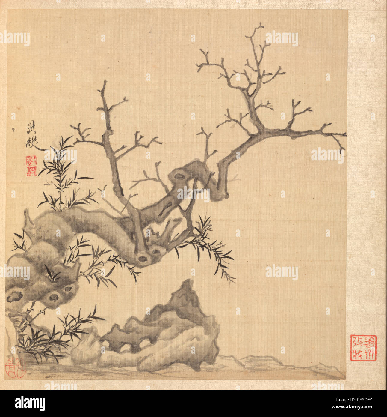 Peintures d'après l'ancienne Masters : Rock, vieil arbre, et le bambou, 1598-1652. Chen Hongshou (Chinois, 1598/99-1652). Album leaf, encre et couleur sur soie ; total : 30,2 x 26,7 cm (11 7/8 x 10 1/2 po Banque D'Images