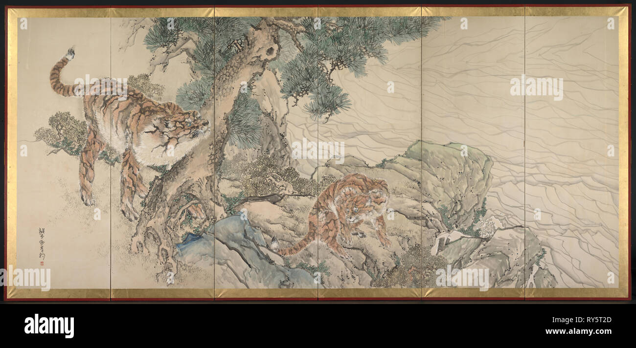 La famille tigre, début des années 1800. Kishi Ganku (japonais, 1749/56-1838). L'un d'une paire de paravents à six de bord ; l'encre et couleur sur papier ; de droit : 164,8 x 362,5 cm (64 7/8 x 16 in.) 142 ; y compris montage : 179,4 x 384,8 cm (70 5/8 x 151 1/2 dans Banque D'Images