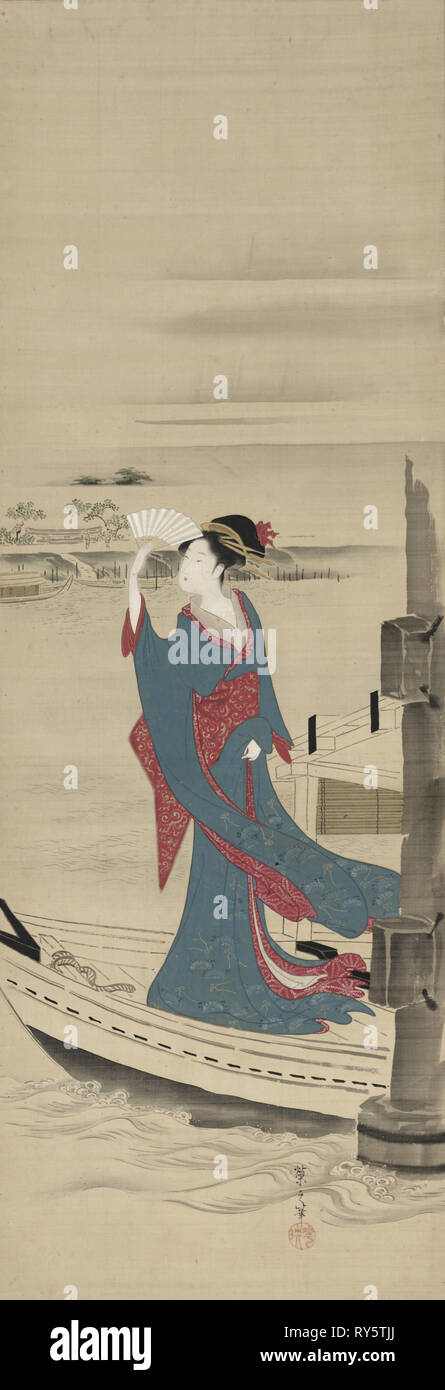 La beauté dans un bateau sur la rivière Sumida, fin des années 1700-début des années 1800. Chōbunsai Eishi, japonais (1756-1829). Défilement pendaison ; l'encre et couleur sur soie ; total : 191,8 x 53,3 cm (75 1/2 x 21 in.), peinture uniquement : 95,3 x 33 cm (37 1/2 x 13 in Banque D'Images