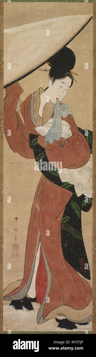 Dame avec un parasol, début des années 1800. Harumasa Koikawa (Japonais). Défilement pendaison ; l'encre, la couleur, l'or et de l'argent pigments sur papier ; total : 87,9 x 45 cm (34 5/8 x 17 11/16 po.) ; peinture uniquement : 103 x 27,6 cm (40 9/16 x 10 7/8 po Banque D'Images