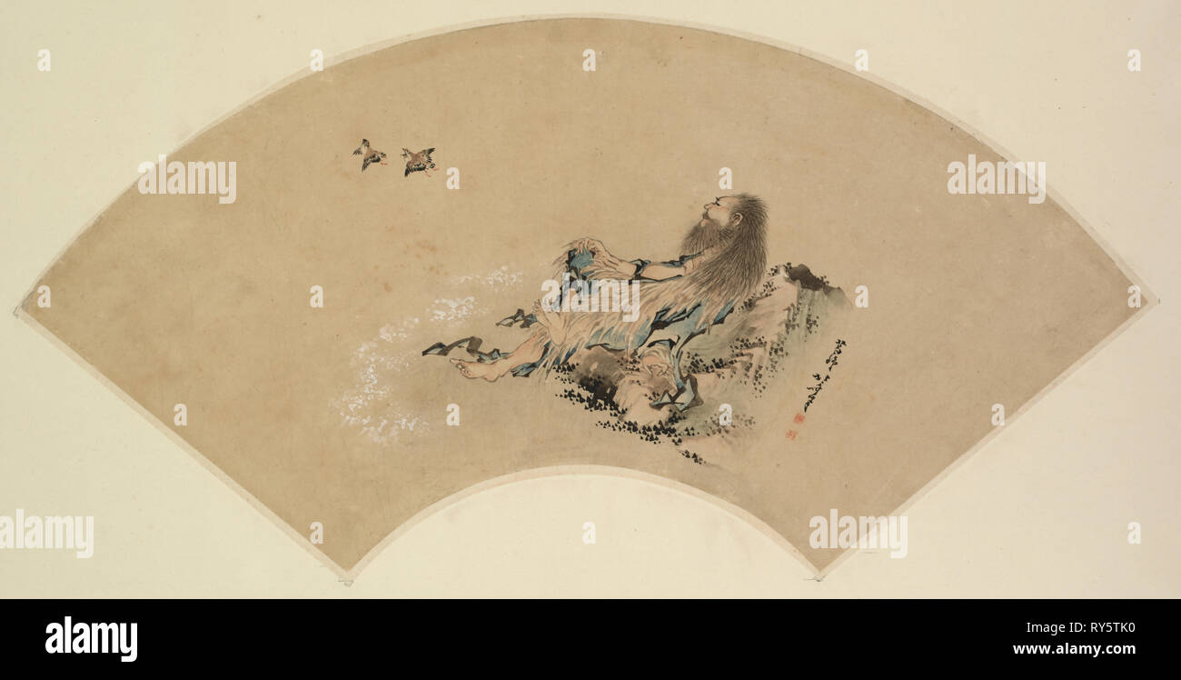 Risshi par la mer, observation des oiseaux, fin du 18ème au 19ème siècle. Katsushika Hokusai (1760-1849), Japonais. Peinture ; ventilateur couleur sur papier ; pans : 40,7 x 63,5 cm (16 x 25 in.) ; total : 19,5 x 51,5 cm (7 11/16 x 20 1/4 in Banque D'Images