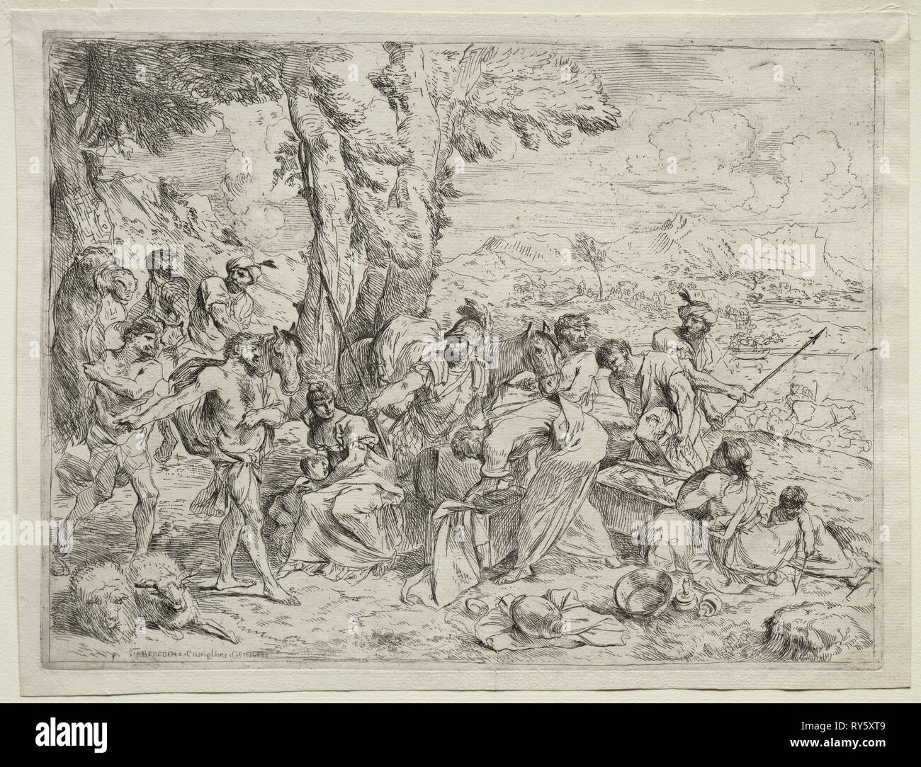 Laban à la recherche d'idoles dans les bagages de Rachel, ch. 1635. Giovanni Benedetto Castiglione (italien, 1609-1664). Eau-forte Banque D'Images