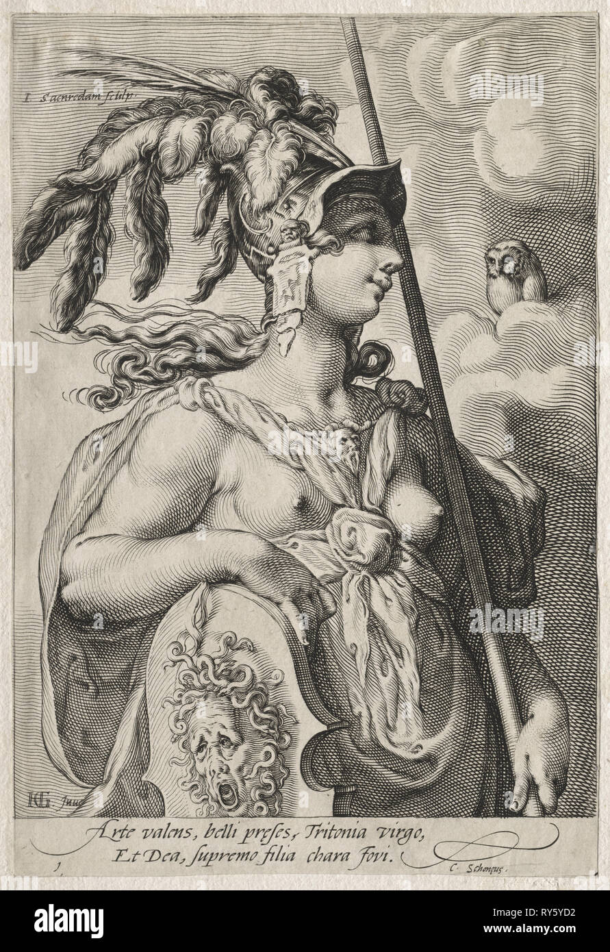Trois déesses : PALLAS ATHENA, ch. 1595. Jan Saenredam (Néerlandais, 1565-1607), après Hendrick Goltzius (Néerlandais, 1558-1617). Gravure Banque D'Images
