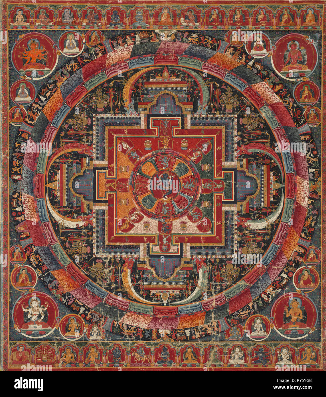 Vingt-trois divinité Nairatma Mandala, c. 1375. Le Tibet central, monastère de Sakya-affiliés, 14ème siècle. Aquarelle opaque, de l'or, et de l'encre sur un tissu ; total : 82,5 x 72,4 cm (32 1/2 x 28 1/2 po Banque D'Images