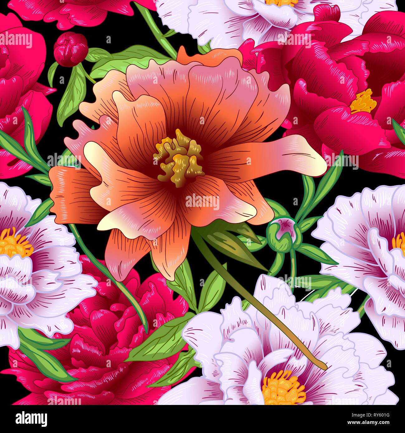 Vector floral pivoine rose et rouge fleurs botanique. L'art d'encre gravée motif de fond transparent. Illustration de Vecteur