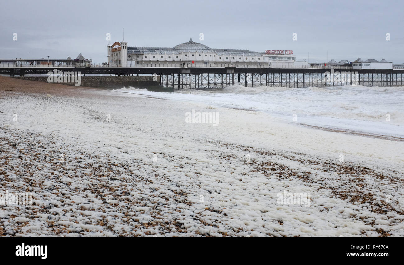 Brighton, UK. Mar 12, 2019. Sea Foam a fondu comme neige au à la plage de Brighton que Storm Gareth arrive en Grande-Bretagne et l'Irlande avec des vitesses de vent devraient atteindre jusqu'à 70 mi/h dans certaines régions Crédit : Simon Dack/Alamy Live News Banque D'Images