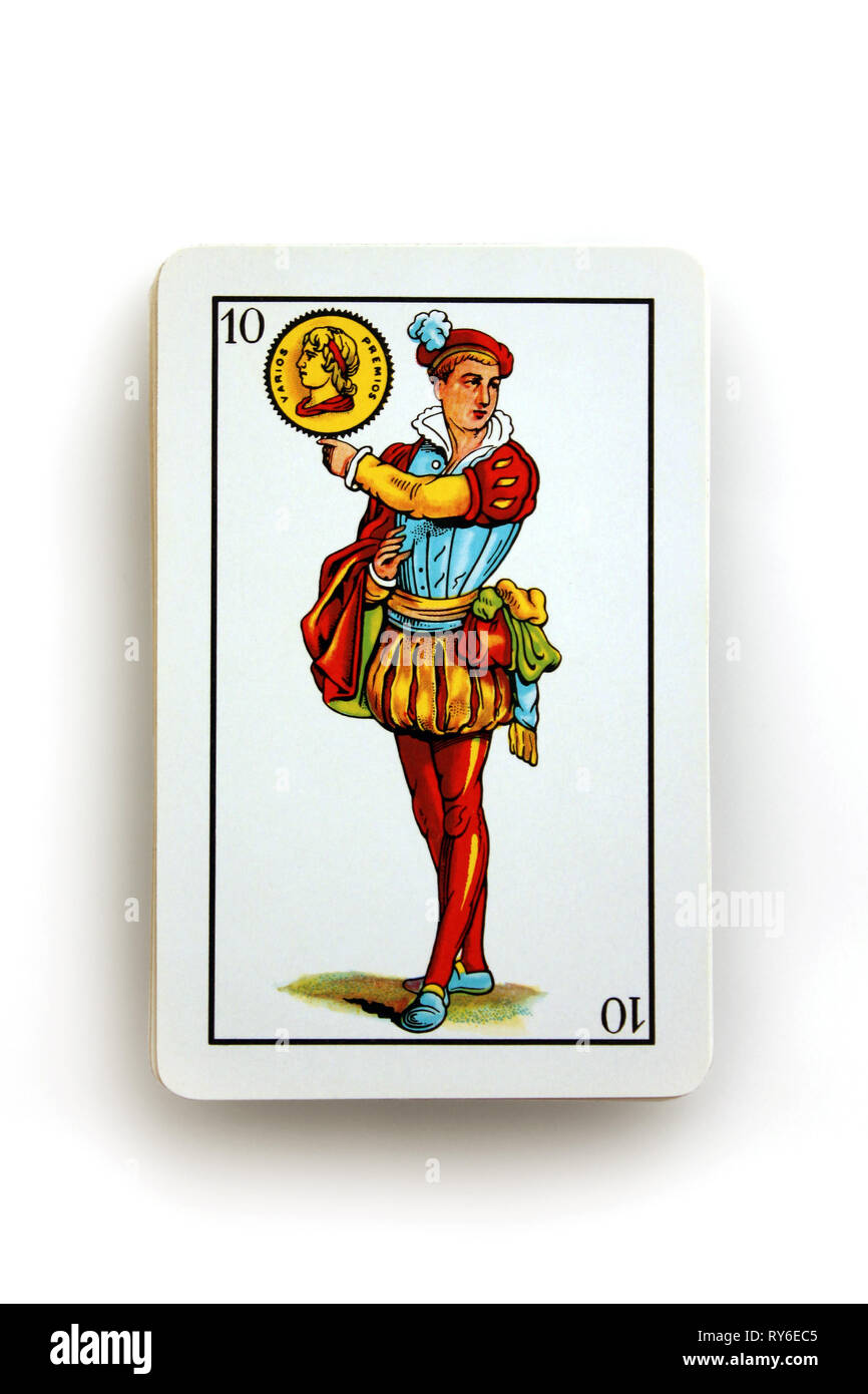 L'Espagnol jouant knave ou jack numéro dix gold, carte, isolé sur fond blanc, close-up Banque D'Images