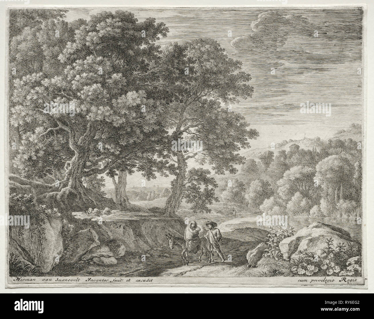 La Fuite en Égypte : Les Petits Anges sur la Colline, ch. 1652-1654. Herman van Swanevelt (Néerlandais), ch. 1600-1655). La gravure Banque D'Images