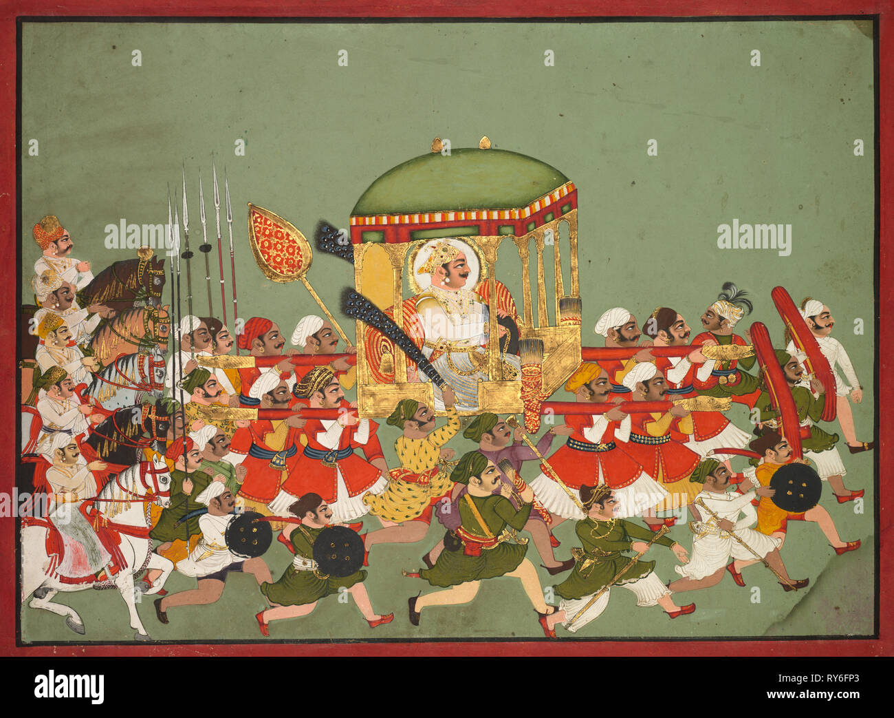Maharao Chattar Sal (qui régna de 1758-64) de Kota dans un palanquin, ch. 1760. Le nord-ouest de l'Inde, Rajasthan, Kota. Couleur et or sur papier ; total : 28,3 x 39,2 cm (11 1/8 x 15 7/16 po.) ; avec les frontières : 31,6 x 42,7 cm (12 7/16 x 16 13/16 in Banque D'Images