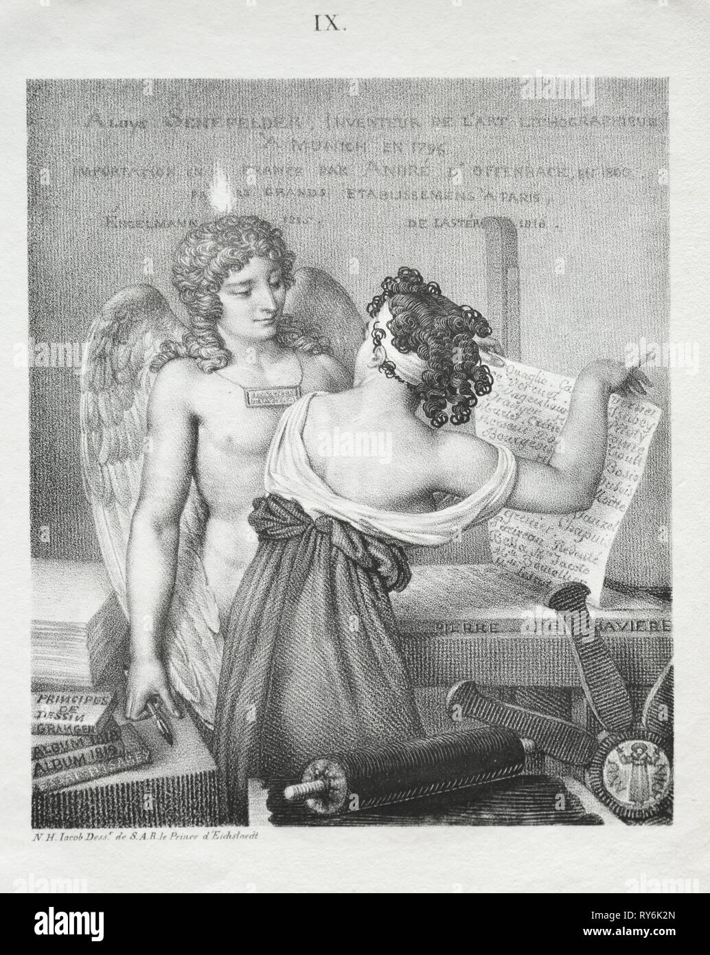 Le génie de la lithographie, 1819. Nicolas Henri Jacob (Français, 1782-1871). Lithographie Crayon avec brosse et scratchwork ; feuille : 26,7 x 19,9 cm (10 1/2 x 7 13/16 in.) ; Image : 19 x 16,3 cm (7 1/2 x 6 7/16 in Banque D'Images