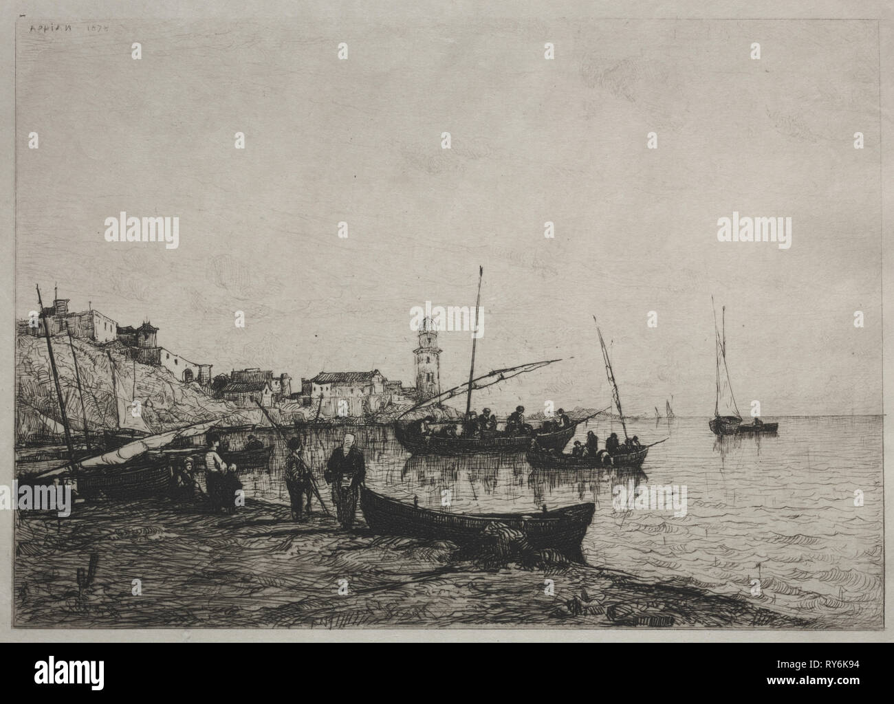 Retour des bateaux de pêche à Collioure, près de la frontière espagnole, 1878. Adolphe Appian (Français, 1818-1898). Fiche technique : eau-forte, 32,5 x 45,9 cm (12 13/16 x 18 1/16 in.) ; 29,4 x 38,6 : platemark cm (11 9/16 x 15 3/16 po Banque D'Images