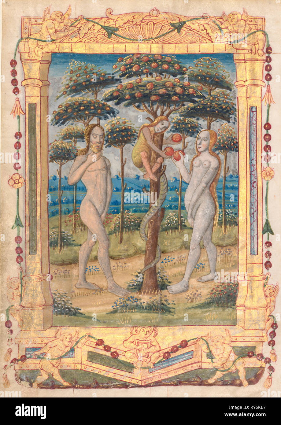 Feuille d'un livre d'heures : Adam et Eve et la chute de l'homme (Prefatory miniature pour le Bureau de la Vierge) (recto) et du texte avec l'Illustre Border (verso) (1 de 3 feuilles excisées), ch. 1510. France, Rouen, 16ème siècle. Encre, tempera et or liquide sur du vélin ; chaque feuille : 17,9 x 12,8 cm (7 1/16 x 5 1/16 in Banque D'Images