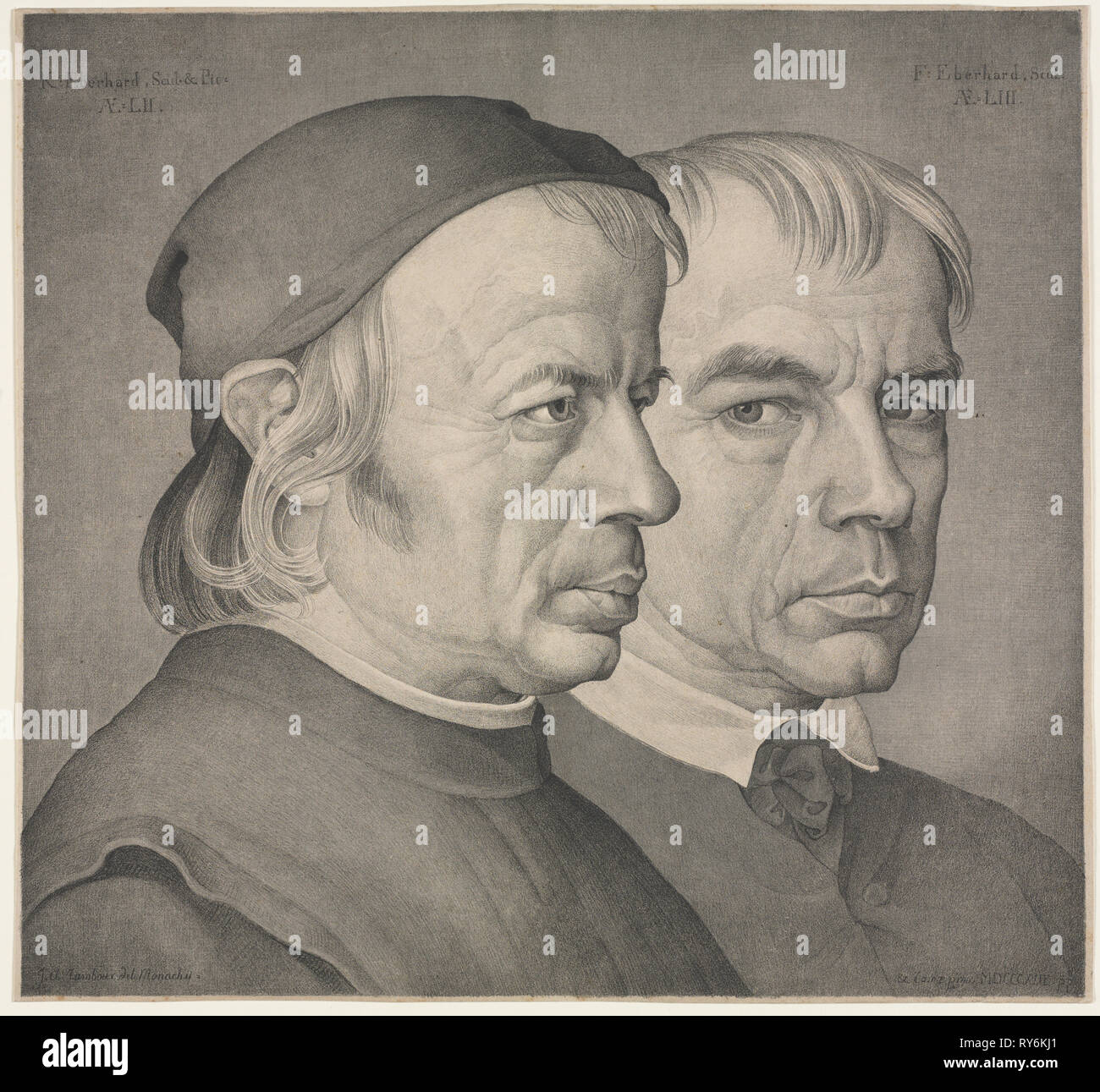 Double Portrait des frères Konrad et Franz Eberhard, peintre et sculpteur dans Munich, 1822. Johann Anton Ramboux (allemand, 1790-1866). Lithographie imprimée en noir et gris ; feuille : 32,1 x 34,7 cm (12 5/8 x 13 11/16 po.) ; image : 31,7 x 34,2 cm (12 1/2 x 13 7/16 po Banque D'Images Double Portrait des frères Konrad et Franz Eberhard, peintre et sculpteur dans Munich, 1822. Johann Anton Ramboux (allemand, 1790-1866). Lithographie imprimée en noir et gris ; feuille : 32,1 x 34,7 cm (12 5/8 x 13 11/16 po.) ; image : 31,7 x 34,2 cm (12 1/2 x 13 7/16 po Banque D'Images