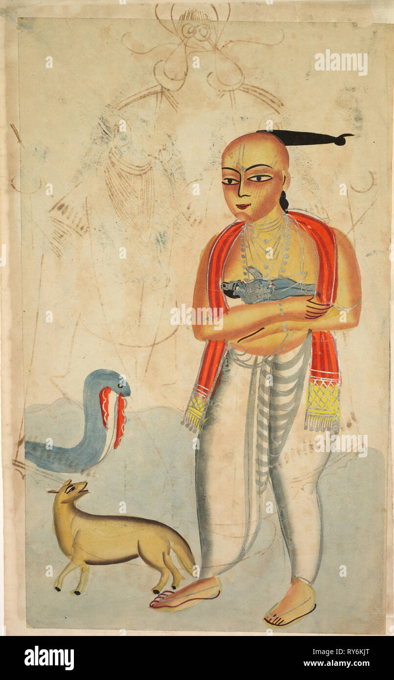 (Le père de Krishna Vasudeva) fuyant avec Krishna rencontre un cobra et un chacal Banque D'Images