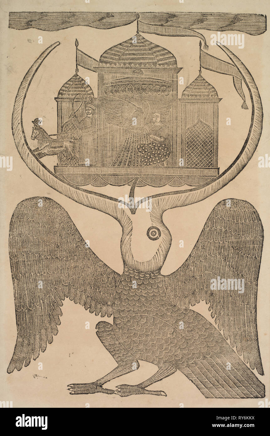 Jatayu (Rama'un oiseau mythique) entrave dans le Charriot de Ravana, essayant d'empêcher l'enlèvement de Sita, années 1800. Gobinda Shri Chandra Roy. Gravure sur bois, encre noire sur papier ; appui secondaire : 49,8 x 31,4 cm (19 5/8 x 12 3/8 in.) ; peinture uniquement : 40,6 x 26,5 cm (16 x 10 7/16 po Banque D'Images