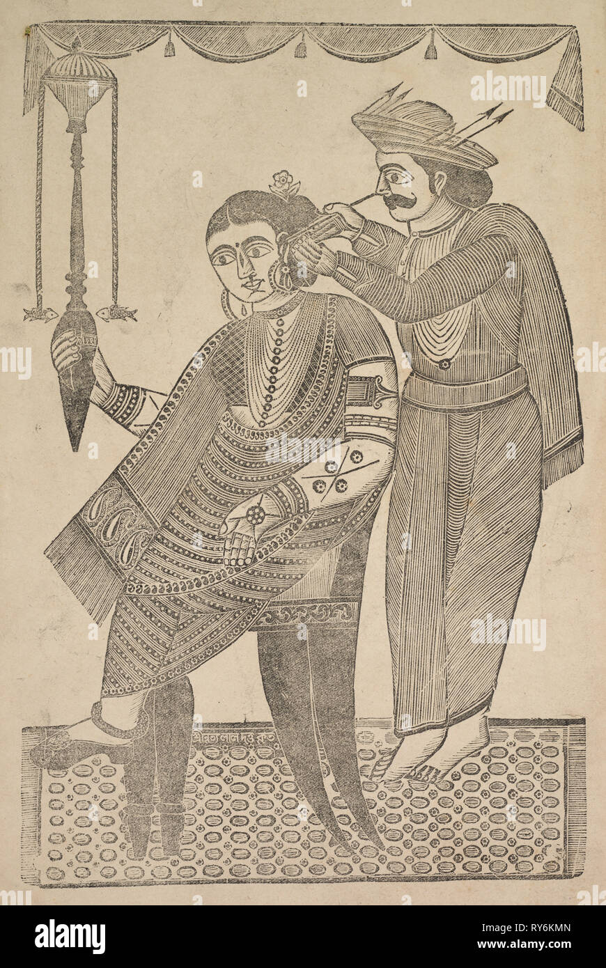 Un nettoyage de l'oreille de Barber une courtisane, années 1800. Gobinda Shri Chandra Roy. Gravure sur bois, encre noire sur papier ; appui secondaire : 50 x 30.3 cm (19 11/16 x 11 15/16 po.) ; peinture uniquement : 45,5 x 28,2 cm (17 15/16 x 11 1/8 in Banque D'Images