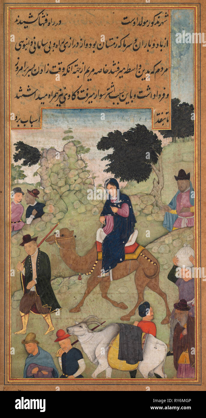 Marie et Joseph voyage à Bethléem, à partir d'une Mir'at al-Qods de père Jérôme Xavier (Espagnol, 1549-1617), 1602-1604. Le nord de l'Inde, Uttar Pradesh, Allahabad, 17e siècle. Aquarelle, encre, opaque et d'or sur papier ; page : 26,3 x 15,6 cm (10 3/8 x 6 1/8 in Banque D'Images