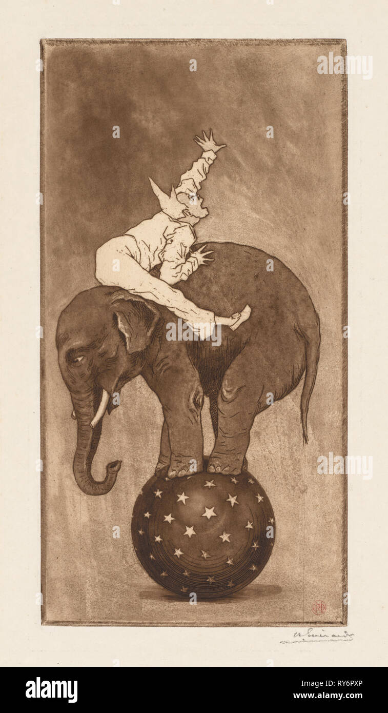 L'éléphant et le Clown (L'éléphant et le Clown), ch. 1889. Henri Charles Guérard (Français, 1846-1897). Eau-forte et aquatinte Banque D'Images