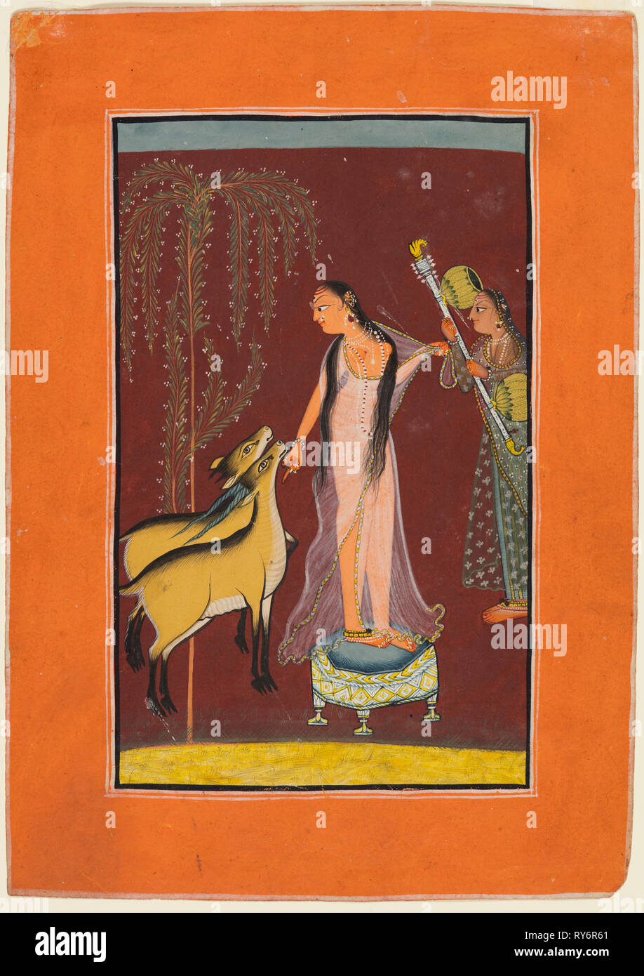 Une dame avec un opérateur et une paire de cerfs, d'un Ragamala, 1710-20. Le nord de l'Inde, l'Himachal Pradesh, Pahari Royaume, probablement Chamba. Aquarelle sur papier opaque ; page : 21,7 x 15,4 cm (8 9/16 x 6 1/16 in.) ; miniature : 16,5 x 15,4 cm (6 1/2 x 6 1/16 in Banque D'Images
