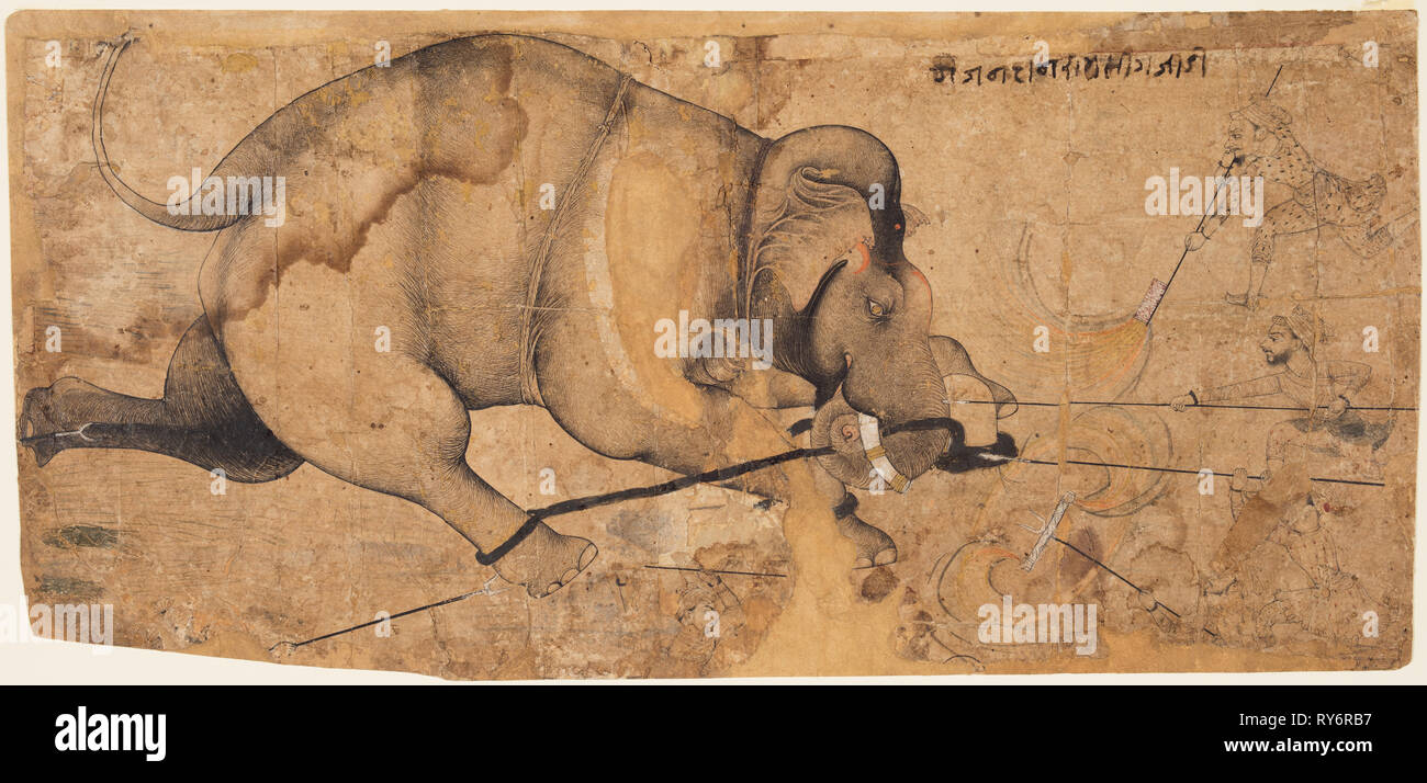Rao Ram Singh's Elephant allé Amok, c. 1700. Le nord-ouest de l'Inde, Rajasthan, Royaume Rajput de Kota. Aquarelle, encre, opaque et d'or sur papier ; page : 20 x 41,6 cm (7 7/8 x 16 3/8 dans Banque D'Images
