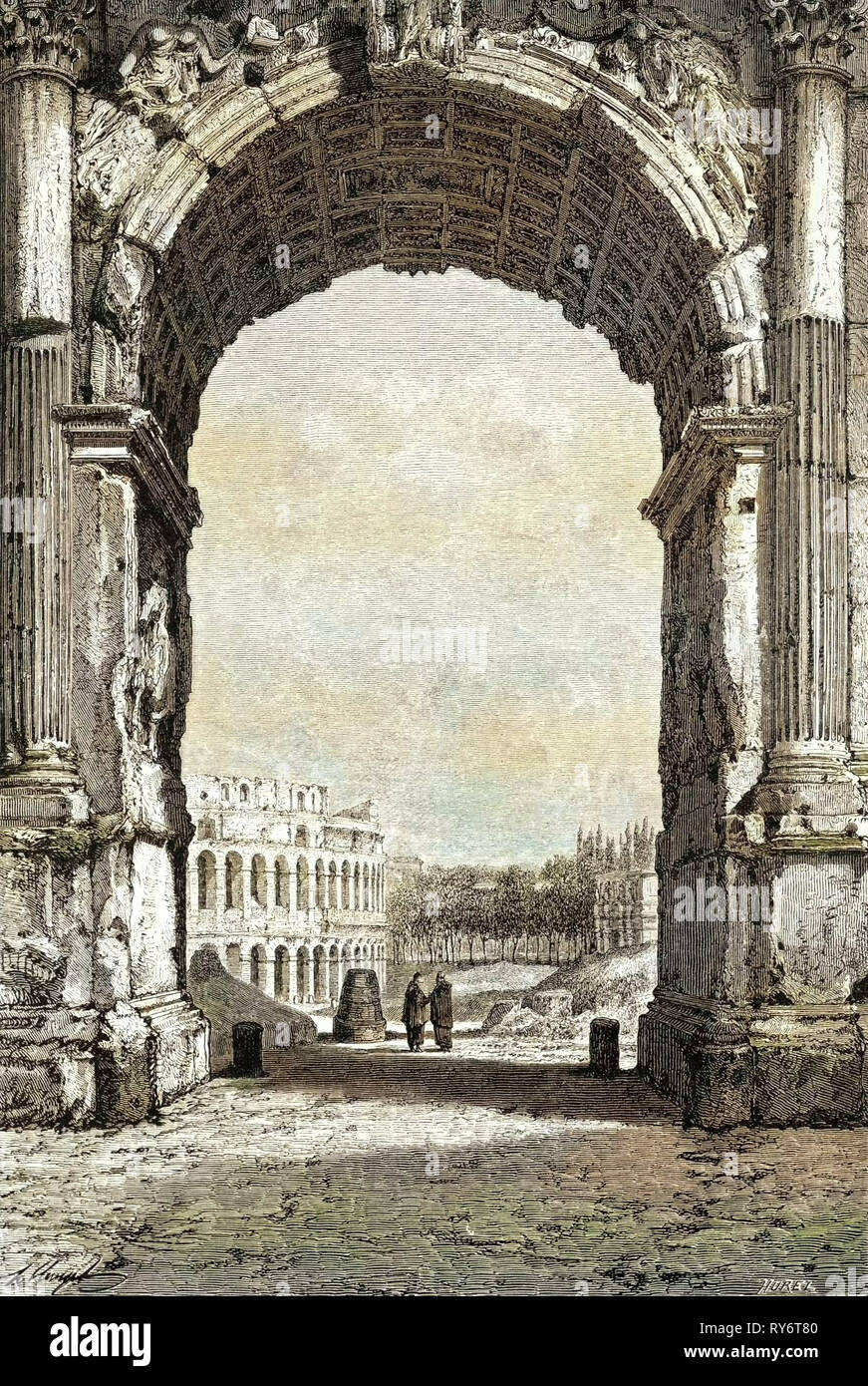 Rome Italie 1875le Colisée et l'Arc de Constantin vu de l'Arc de Titus Banque D'Images