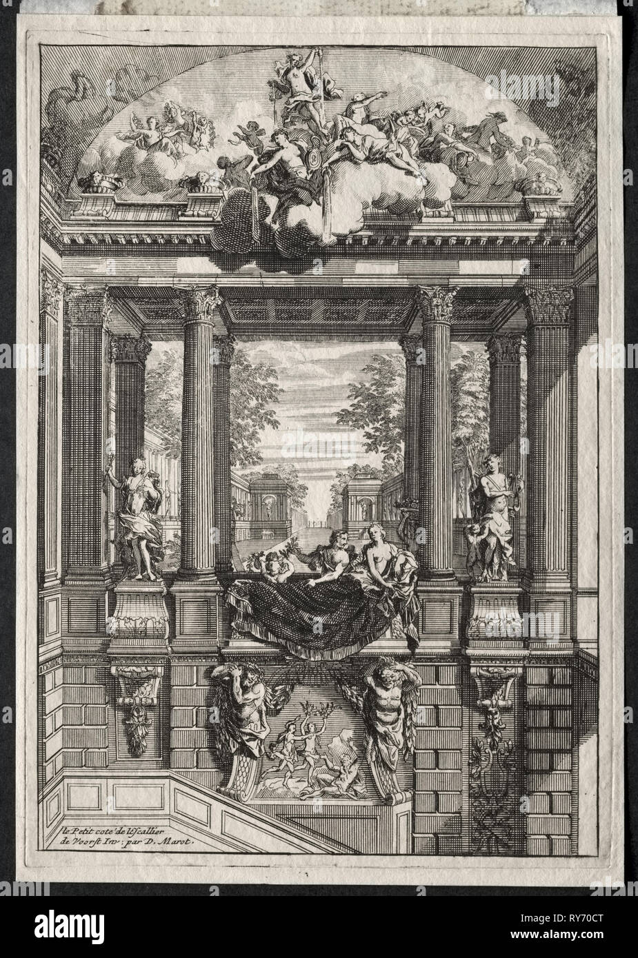 À l'escalier du palais de Voorst en Hollande. Daniel Marot (Français, 1655-1718). Fiche technique : 28 x 19.6 cm (11 x 7 11/16 in.) ; Image : 26 x 18,1 cm (10 1/4 x 7 1/8 in.) ; platemark : 27 x 18,9 cm (10 5/8 x 7 7/16 in Banque D'Images