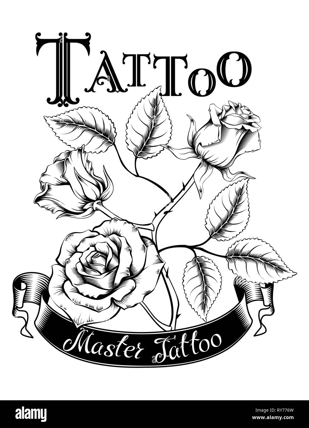 Hand drawn vector illustration du logo tatouage avec des roses et des feuilles. Idéal pour des invitations, cartes de vœux, des citations, des tatouages, des textiles, des blogs, des affiches, Illustration de Vecteur