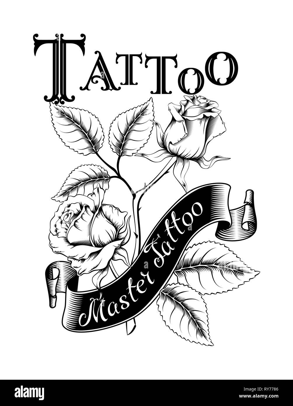 Hand drawn vector illustration du logo tatouage avec des roses et des feuilles. Idéal pour des invitations, cartes de vœux, des citations, des tatouages, des textiles, des blogs, des affiches, Illustration de Vecteur