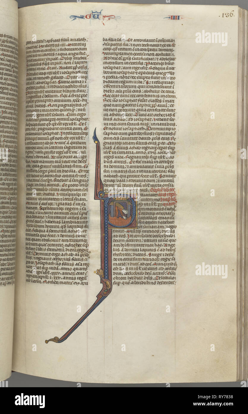 Fol. 136r, Rois IV, initiale historiée P, Achazia, tombant d'une tour, c. 1275-1300. Le sud de la France, Toulouse ( ?), 13e siècle. Lié manuscrit enluminé en Amérique ; brown maroc exécutoire ; l'encre, tempera et or sur parchemin ; 533 feuilles Banque D'Images