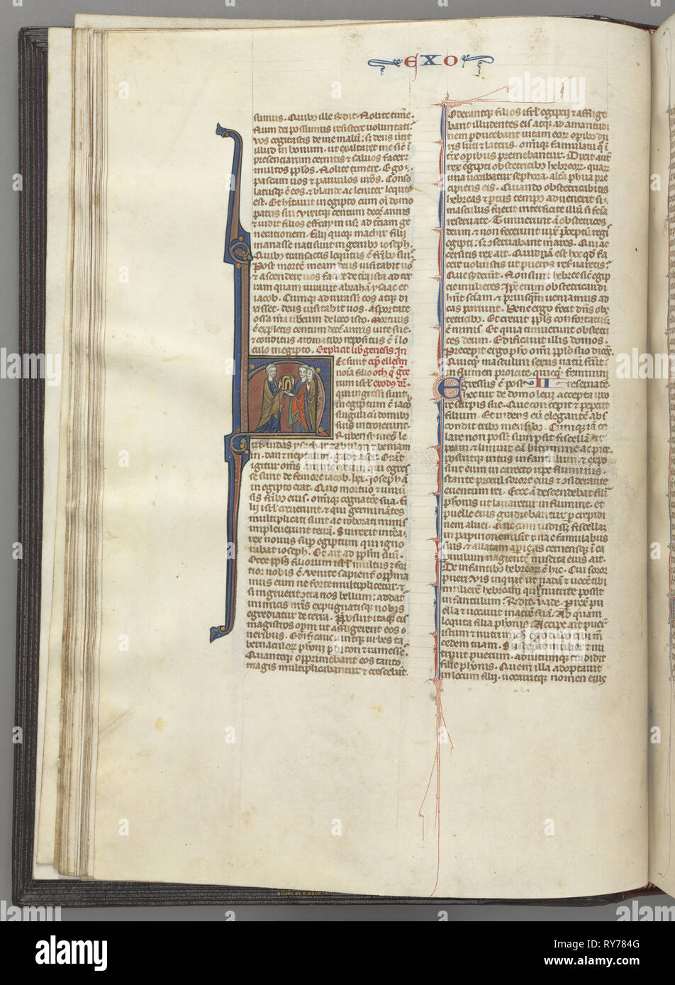Fol. 20v, l'Exode, initiale historiée H, Moïse et deux disciples avec les tables de la loi, c. 1275-1300. Le sud de la France, Toulouse ( ?), 13e siècle. Lié manuscrit enluminé en Amérique ; brown maroc exécutoire ; l'encre, tempera et or sur parchemin ; 533 feuilles Banque D'Images