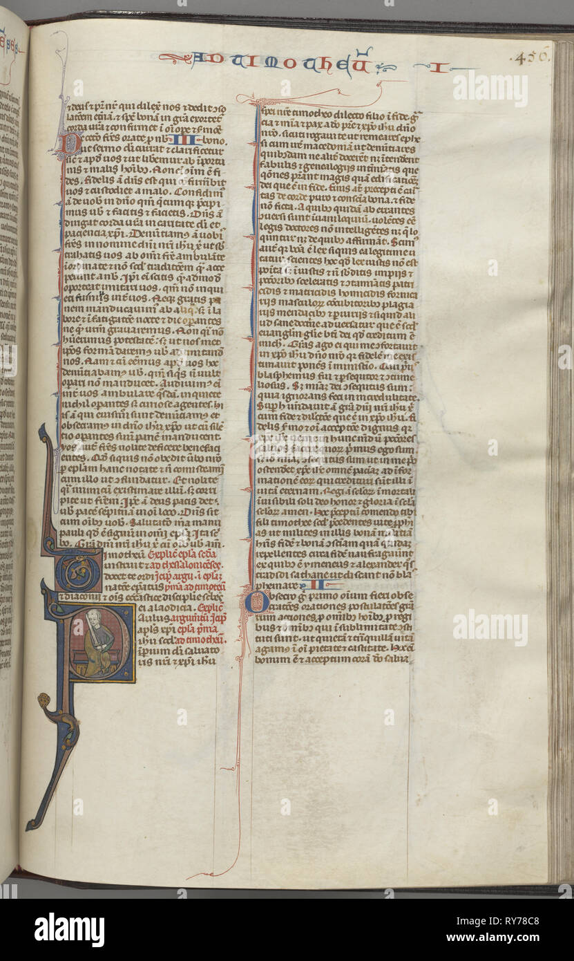 Fol. 456r, Timothy J, initiale historiée P, Paul assis, c. 1275-1300. Le sud de la France, Toulouse ( ?), 13e siècle. Lié manuscrit enluminé en Amérique ; brown maroc exécutoire ; l'encre, tempera et or sur parchemin ; 533 feuilles Banque D'Images