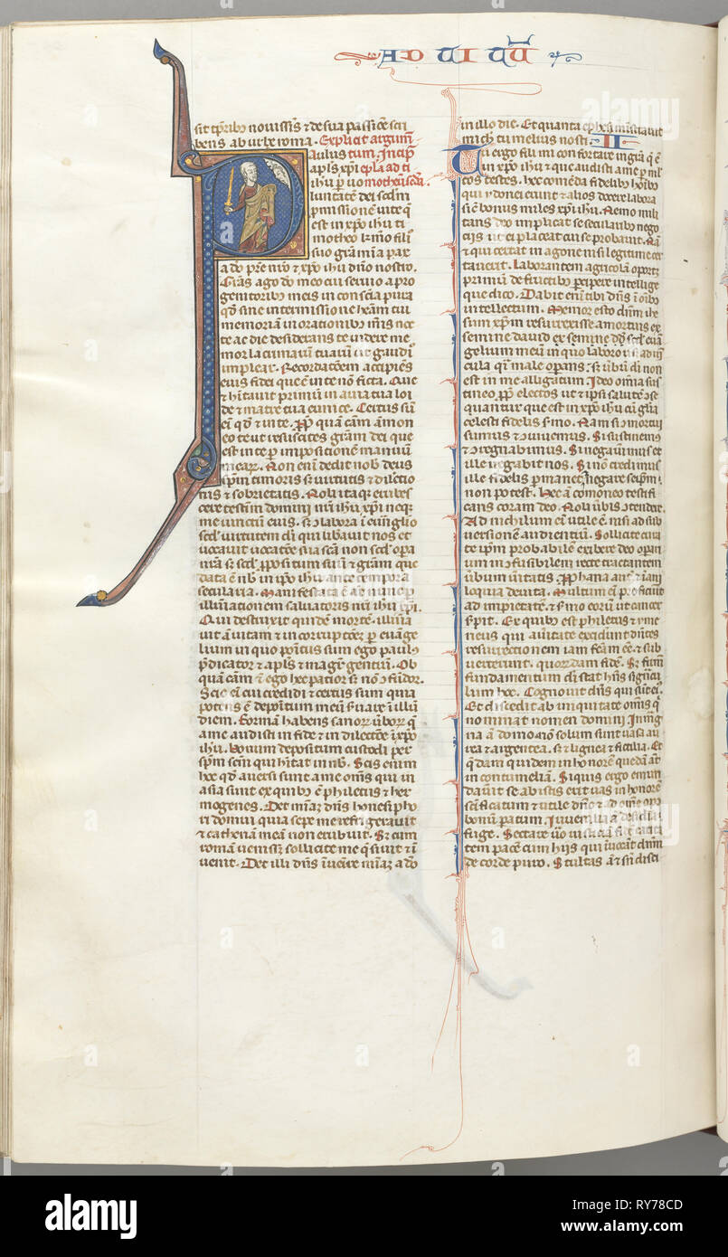 Fol. 457v, Timothy II, initiale historiée P, Paul parle au buste de Dieu ci-dessus, ch. 1275-1300. Le sud de la France, Toulouse ( ?), 13e siècle. Lié manuscrit enluminé en Amérique ; brown maroc exécutoire ; l'encre, tempera et or sur parchemin ; 533 feuilles Banque D'Images