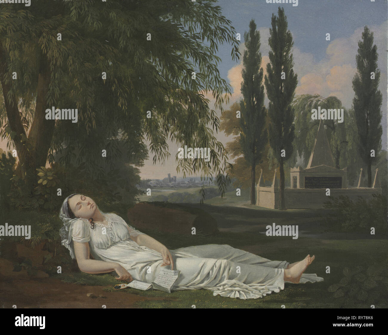 Femme dormir dans un paysage avec une lettre, ch. 1800. Bernard Gaillot (Français, 1780-1847). Huile sur toile encadrée ; : 36 x 44 cm (14 3/16 x 17 5/16 in.) ; non encadrée : 32,4 x 40,6 cm (12 3/4 x 16 in Banque D'Images