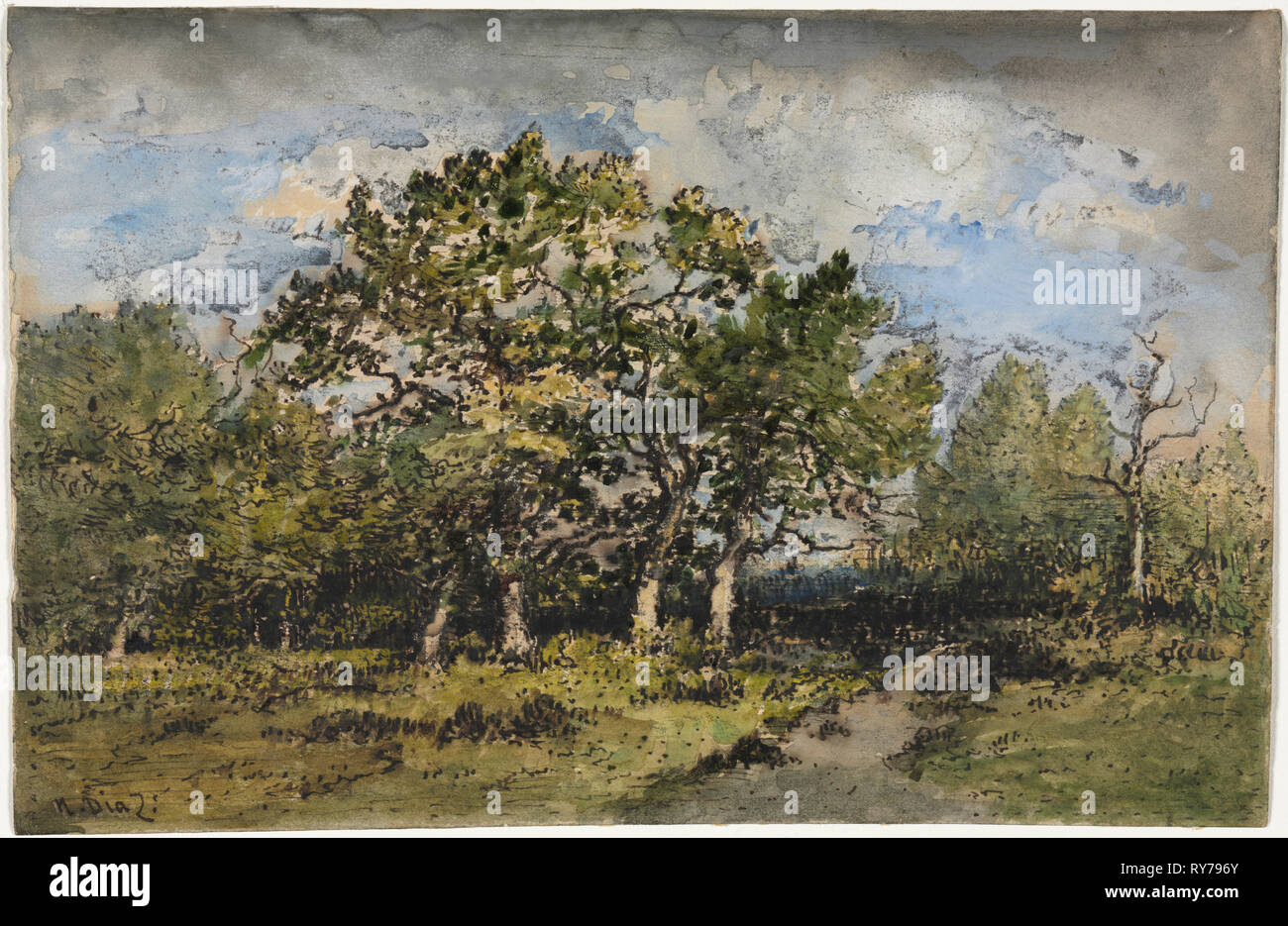 Paysage, c. 1860. Narcisse Diaz de la Peña (Français, 1807-1876). Aquarelle et gouache avec plume et encre brune et de graphite ; feuille : 15 x 22,8 cm (5 7/8 x 9 in Banque D'Images