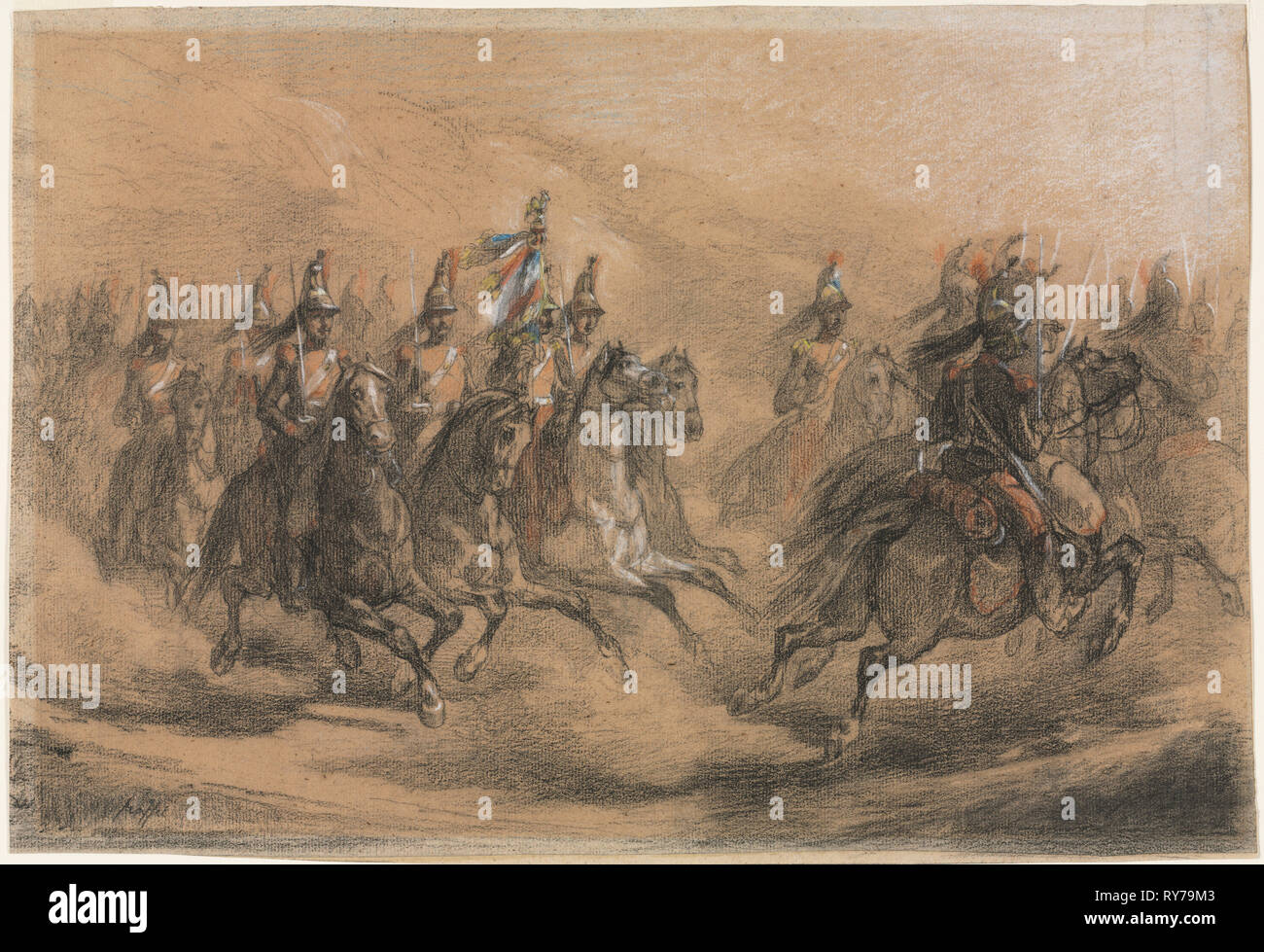 Charge de cavalerie, ch. 1840. Auguste Raffet (Français, 1804-1860). Noir, rouge, jaune, bleu et blanc craie ; feuille : 28,2 x 41,7 cm (11 1/8 x 16 7/16 po Banque D'Images