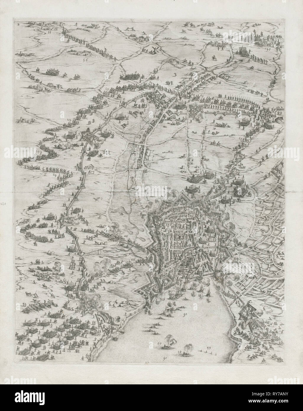 Le siège de La Rochelle : planche 6, 1628-1630. Jacques Callot (Français, 1592-1635). Fiche technique : eau-forte, 64,5 x 51 cm (25 3/8 x 20 1/16 in.) ; 57,3 x 45,2 : platemark cm (22 9/16 x 17 13/16 in Banque D'Images