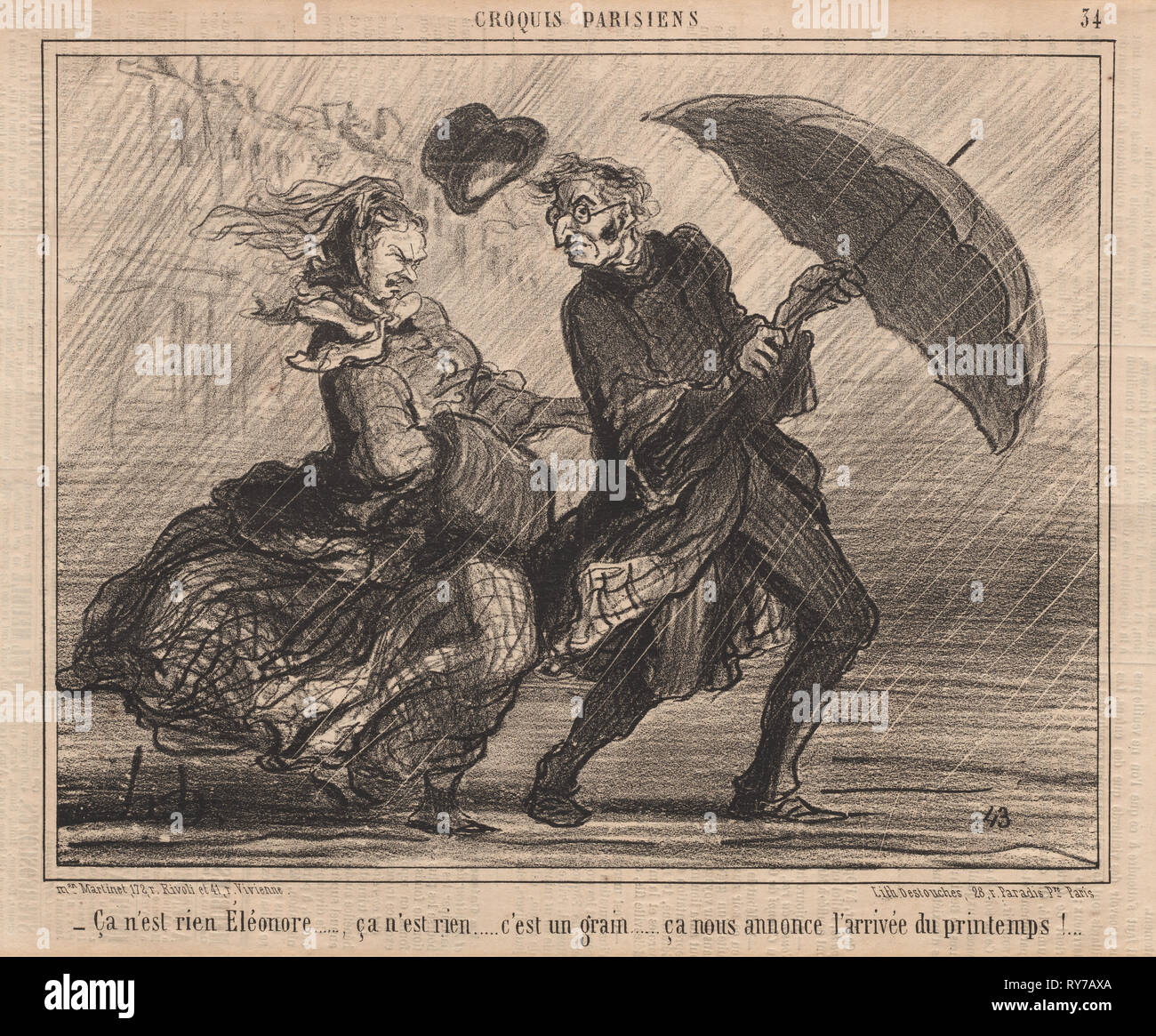 Publiée dans Le Charivari, le 6 avril 1857 : Croquis Parisiens : Pl. 34, c'est rien d'Eleanor (soirées Parisiens : Pl. 34, ça n'est rien Éléanor). Honoré Daumier (Français, 1808-1879), du lundi au Martinet, r. Rivoli, et 41 r. Vivienne. Fiche technique : Lithographie ; 24,6 x 33,5 cm (9 11/16 x 13 3/16 po.) ; image : 20,4 x 26 cm (8 1/16 x 10 1/4 po Banque D'Images