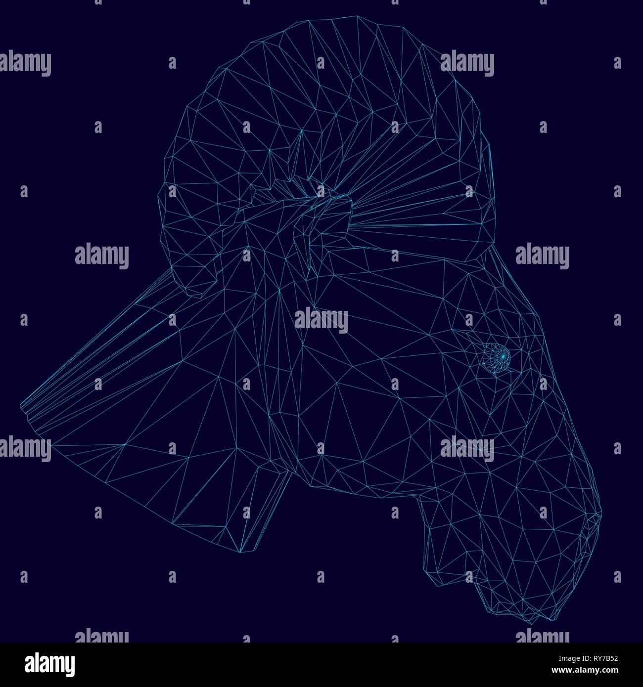 Wireframe de la tête d'un bélier de lignes bleues sur un fond sombre. Vue de côté. Ram Head polygonale avec des cornes. 3D. Vector illustration Illustration de Vecteur