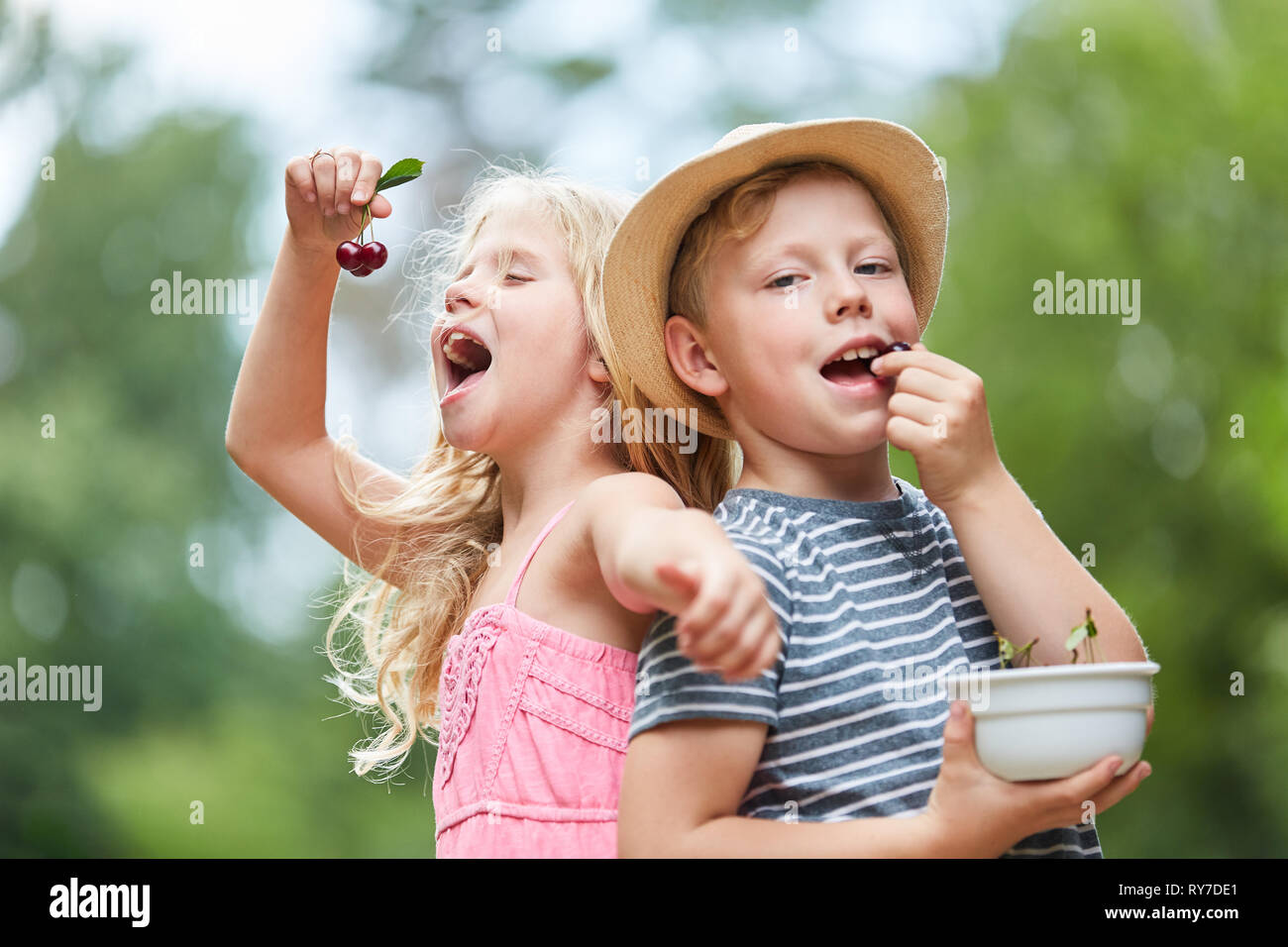 Deux enfants heureux de manger les cerises ensemble dans le jardin en été Banque D'Images