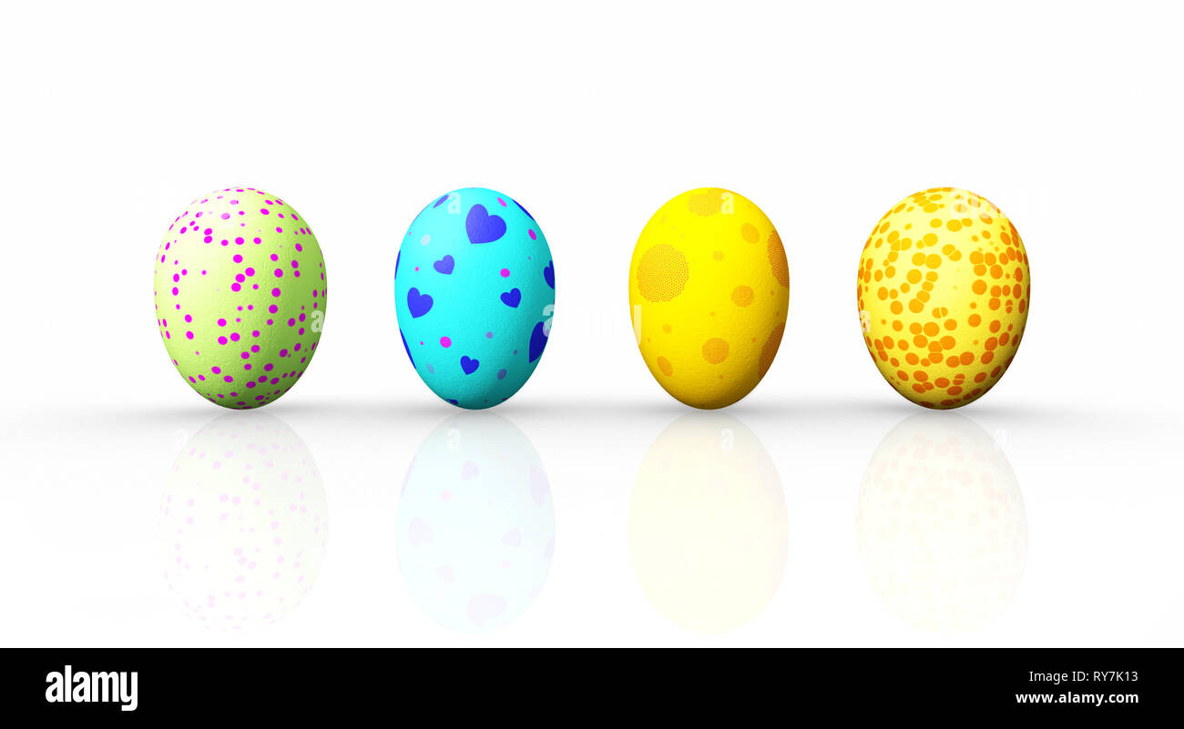 Vue avant quatre œufs de Pâques colorés sur fond blanc, 3D Rendering Banque D'Images