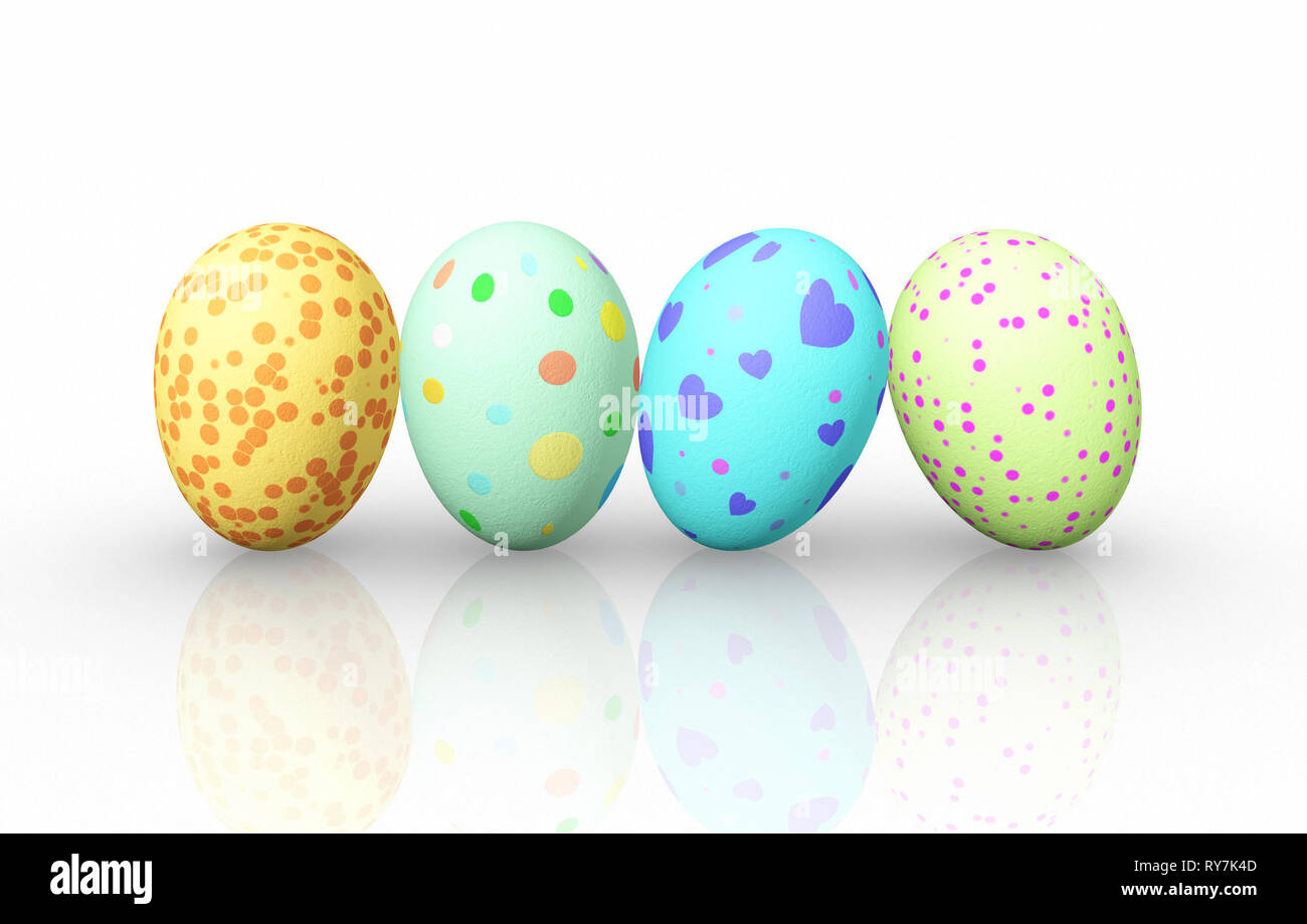 Vue avant quatre œufs de Pâques colorés sur fond blanc, 3D Rendering Banque D'Images